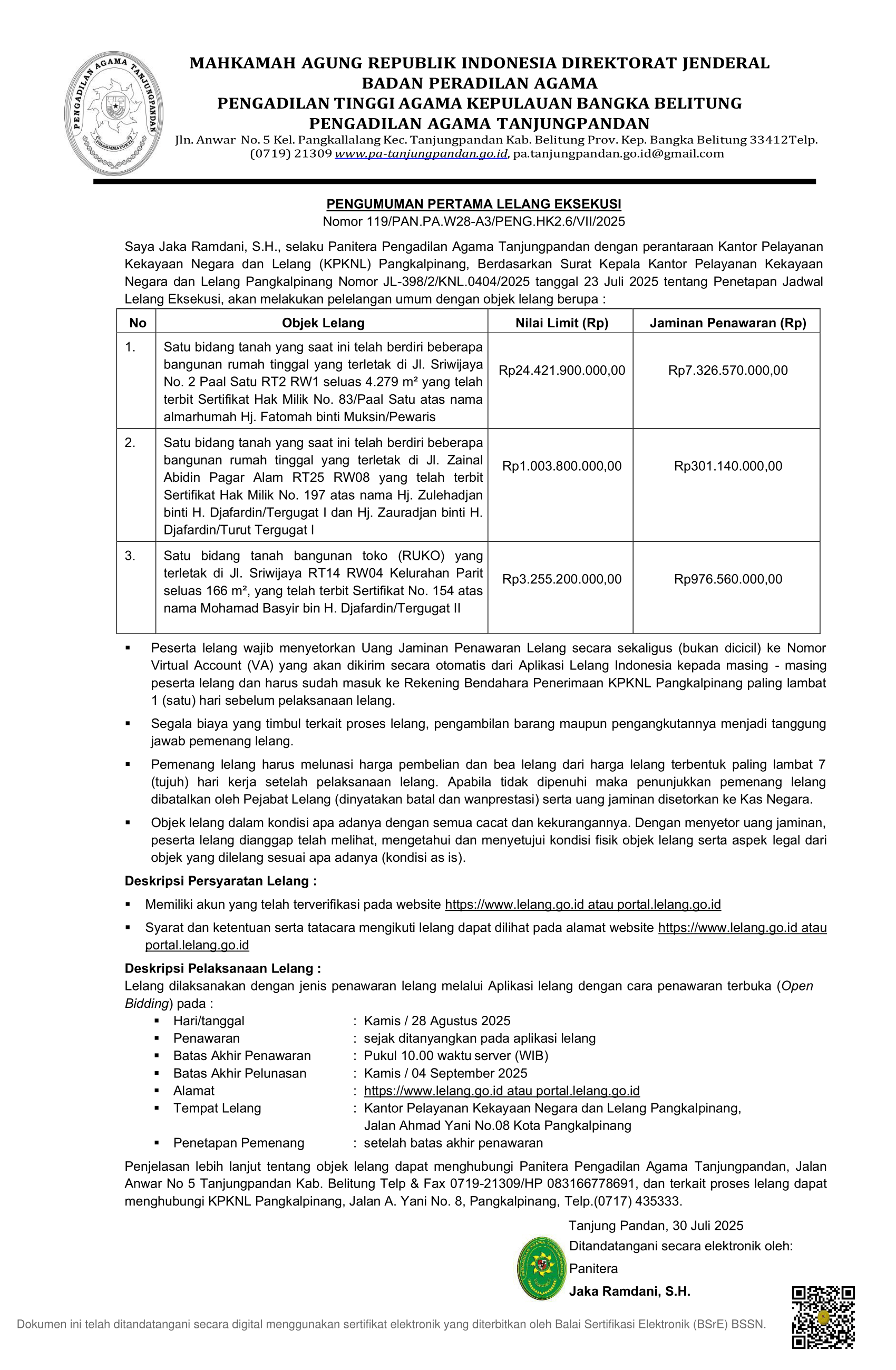 Pengumuman Pertama Lelang Eksekusi Juli 2025