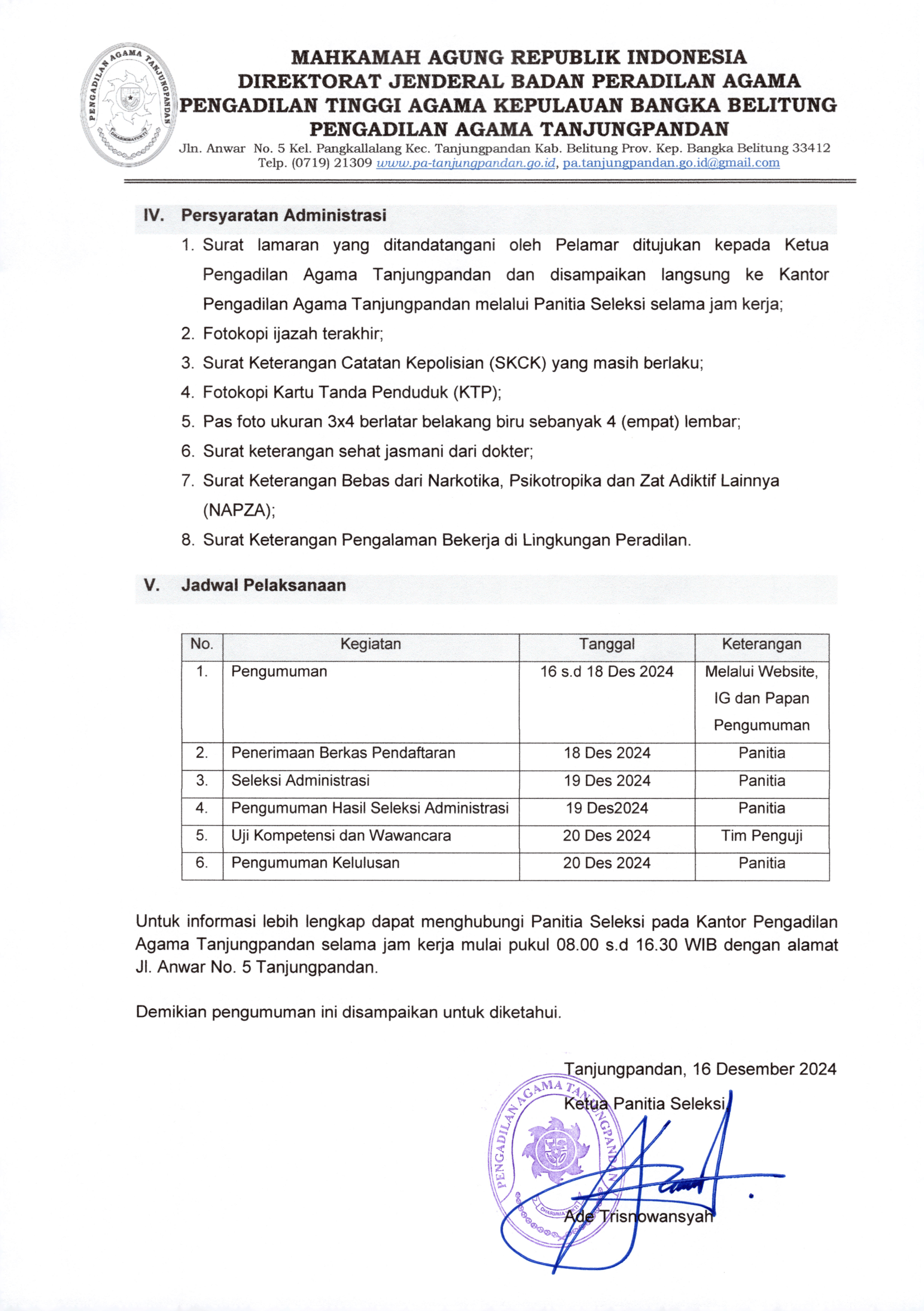 Pengumuman Seleksi Penerimaan PPNPN PA Tanjungpandan 2